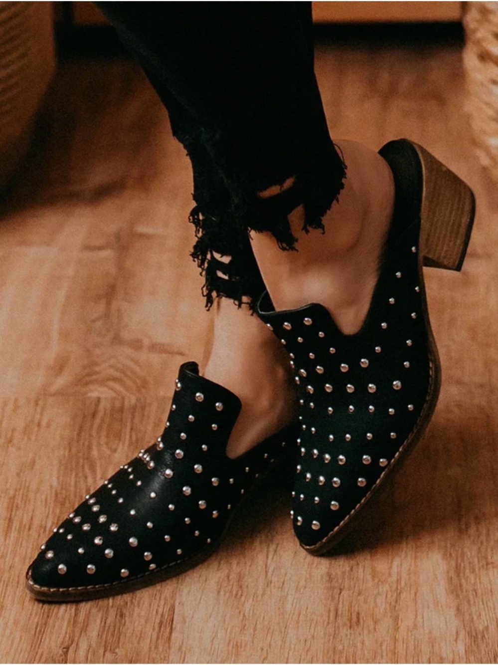 A Rider Girl Studded Black Suede Low Heel Slip-On Shoes
